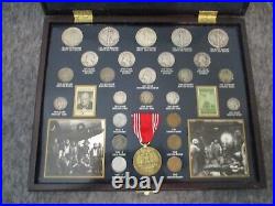 WORLD WAR II HISTORIC COLLECTION 25 COINS (19 SILVER) 2 STAMPS +MEDAL withWOOD BOX