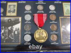 WORLD WAR II HISTORIC COLLECTION 25 COINS (19 SILVER) 2 STAMPS +MEDAL withWOOD BOX