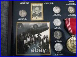 WORLD WAR II HISTORIC COLLECTION 25 COINS (19 SILVER) 2 STAMPS +MEDAL withWOOD BOX