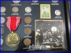 WORLD WAR II HISTORIC COLLECTION 25 COINS (19 SILVER) 2 STAMPS +MEDAL withWOOD BOX