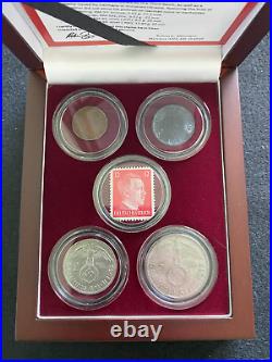 WW2 CERTIFIED German Coins TWO SILVER One Zinc & Bronze Mint Stamp Display Box