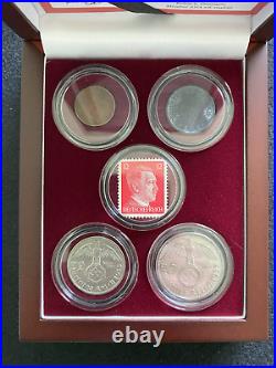 WW2 CERTIFIED German Coins TWO SILVER One Zinc & Bronze Mint Stamp Display Box