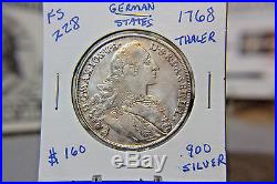 World Coin Silver FS # 228 1768 German States Thaler. 900 Silver