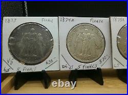 World Silver Coin Lot- France 5 Francs Hercules 1873, 1874, 1875