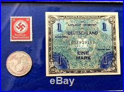World War II Allied Miltary UNC 1944 Bill & 2 Mark Silver Coin & Unused Stamp