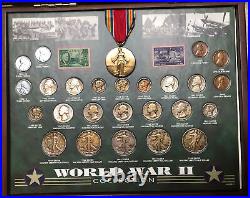 World War II Historic Coins(25) Medal(1) and stamps(2) Collection With Wood Box