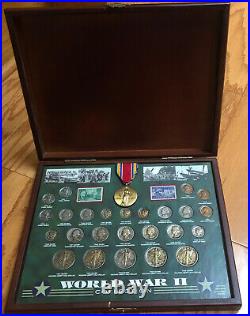 World War II Historic Coins(25) Medal(1) and stamps(2) Collection With Wood Box