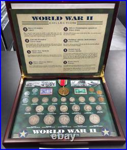 World War II Historic Collection 25 Coins (19 Silver) 2 Stamps Medal in Wood Box