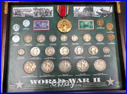 World War II Historic Collection 25 Coins (19 Silver) 2 Stamps Medal in Wood Box