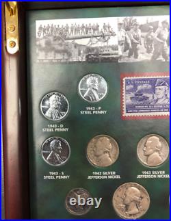 World War II Historic Collection 25 Coins (19 Silver) 2 Stamps Medal in Wood Box