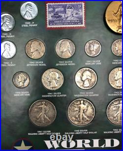 World War II Historic Collection 25 Coins (19 Silver) 2 Stamps Medal in Wood Box