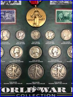 World War II Historic Collection 25 Coins (19 Silver) 2 Stamps Medal in Wood Box