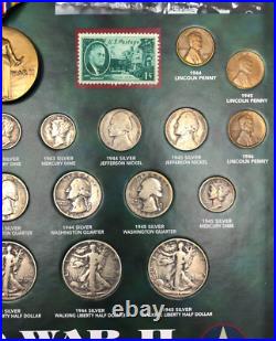 World War II Historic Collection 25 Coins (19 Silver) 2 Stamps Medal in Wood Box