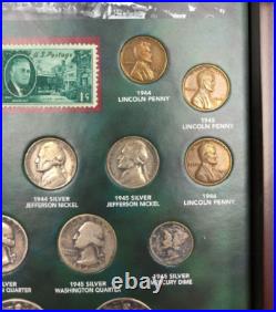 World War II Historic Collection 25 Coins (19 Silver) 2 Stamps Medal in Wood Box