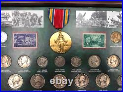 World War II Historic Collection 25 Coins (19 Silver) 2 Stamps Medal in Wood Box