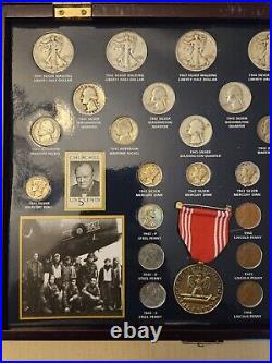 World War II Historic Silver Coins, Medal and stamps Collection with Wooden Box