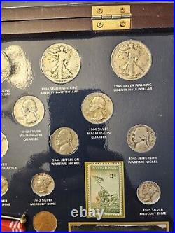 World War II Historic Silver Coins, Medal and stamps Collection with Wooden Box