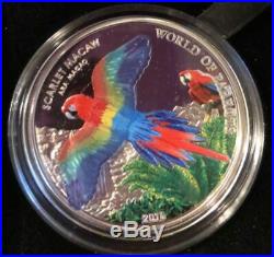 World of Parrots Scarlet Macaw fine 99.9% coloured silver 3D coin